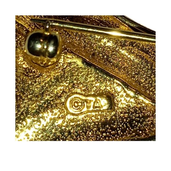 TA Signed Vintage Gold Silver Tone Bow Brooch Tied Clear Centered Rhinestones - Picture 7 of 9